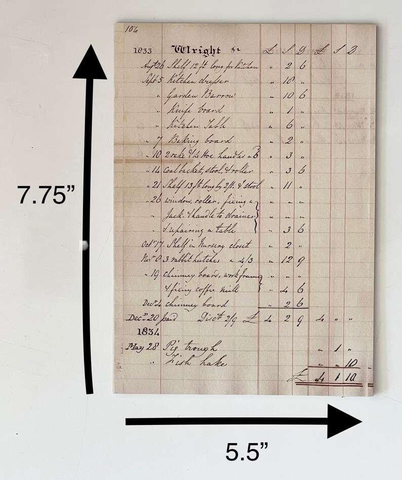 May include: A handwritten ledger page with a list of items and their prices. The page is dated 1833 and 1834. The items include a kitchen dresser, a garden barrow, a knife board, a baking board, a coal bucket, a shelf, a window, a jack handle, a table, a shelf in a nursing closet, a chimney board, a coffee kettle, and a pig trough. The total cost is &pound;4 110.