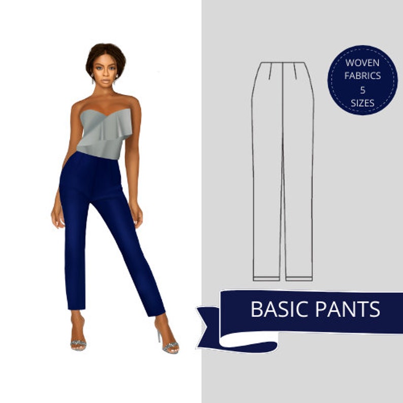 May include: A woman wearing a navy blue pair of pants and a gray ruffled top. The image also shows a line drawing of the pants with the text "BASIC PANTS" and "WOVEN FABRICS 5 SIZES".
