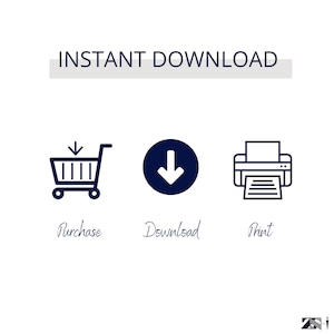 Puede incluir: Una imagen con el texto "INSTANT DOWNLOAD" encima de tres iconos: un carrito de compras con una flecha, una flecha hacia abajo en un c&iacute;rculo y una impresora. Debajo de los iconos est&aacute;n las palabras "Purchase", "Download" y "Print".