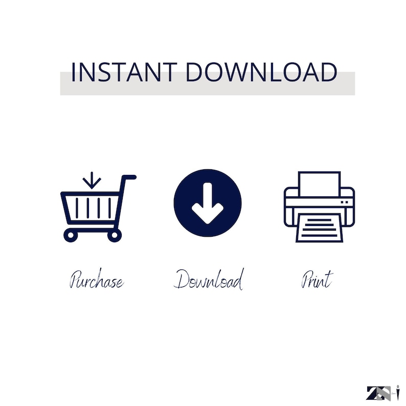 Puede incluir: Una imagen con el texto "INSTANT DOWNLOAD" encima de tres iconos: un carrito de compras con una flecha, una flecha hacia abajo en un c&iacute;rculo y una impresora. Debajo de los iconos est&aacute;n las palabras "Purchase", "Download" y "Print".