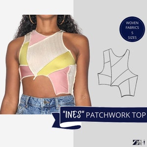Peut inclure: Patron de couture pour un haut patchwork appelé "INES" avec une mannequin portant le vêtement fini. Le patron est pour les tissus tissés et comprend 5 tailles.