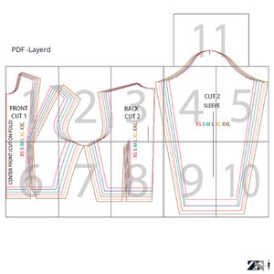 May include: A layered PDF sewing pattern for a shirt with different sizes from XS to XXL. The pattern includes the front, back, and sleeve pieces. The pattern is labelled with numbers and the sizes are listed on each piece.