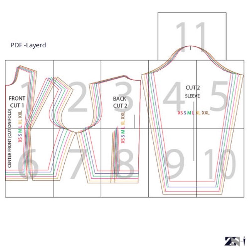 May include: A layered PDF sewing pattern for a shirt with different sizes from XS to XXL. The pattern includes the front, back, and sleeve pieces. The pattern is labelled with numbers and the sizes are listed on each piece.