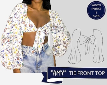Top con lazo delantero, top con mangas abullonadas, top con lazo, patrón superior en PDF, patrón de costura digital, top corto, patrón de costura crop top