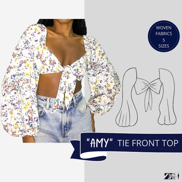 Tie Front Top, Puff Sleeve Top,  Bow Top, PDF Top Pattern, Digital Sewing Pattern,  Crop Top,  Crop Top Sewing Pattern
