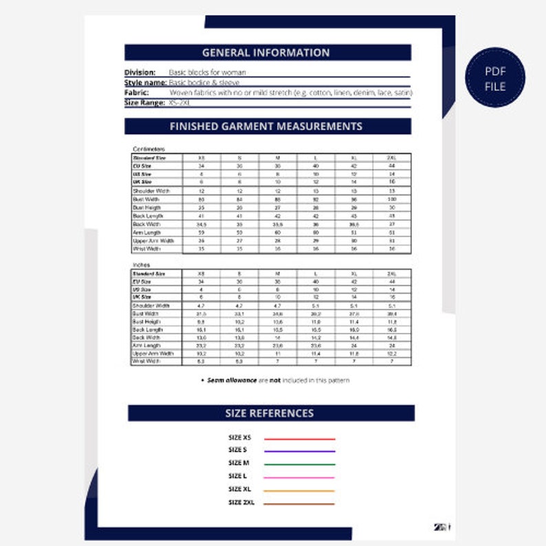 May include: A chart with size references for a basic bodice and sleeve pattern. The chart includes measurements in both centimetres and inches for sizes XS through 2XL.