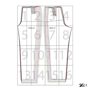 May include: A sewing pattern for pants with numbered pieces for cutting out fabric. The pattern includes two front pieces and two back pieces.