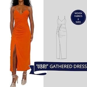 Gathered Midi Dress, Side Slit Dress, Digital Sewing Pattern, Downloadable Pattern, Midi Dress Pattern