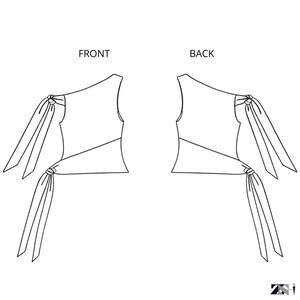 Puede incluir: Dibujo lineal de un top sin mangas con dise&ntilde;o de un solo hombro. Se muestran las vistas delantera y trasera. El top presenta detalles de lazo en el hombro y la cintura. Las palabras "FRONT" y "BACK" est&aacute;n etiquetadas encima de las vistas respectivas.