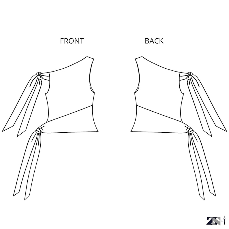 Puede incluir: Dibujo lineal de un top sin mangas con dise&ntilde;o de un solo hombro. Se muestran las vistas delantera y trasera. El top presenta detalles de lazo en el hombro y la cintura. Las palabras "FRONT" y "BACK" est&aacute;n etiquetadas encima de las vistas respectivas.