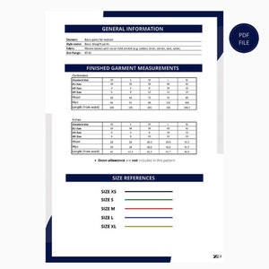 May include: A size chart for pants with measurements in both inches and centimeters. The chart includes sizes XS, S, M, L, and XL. The measurements include waist, hips, and length from waist.