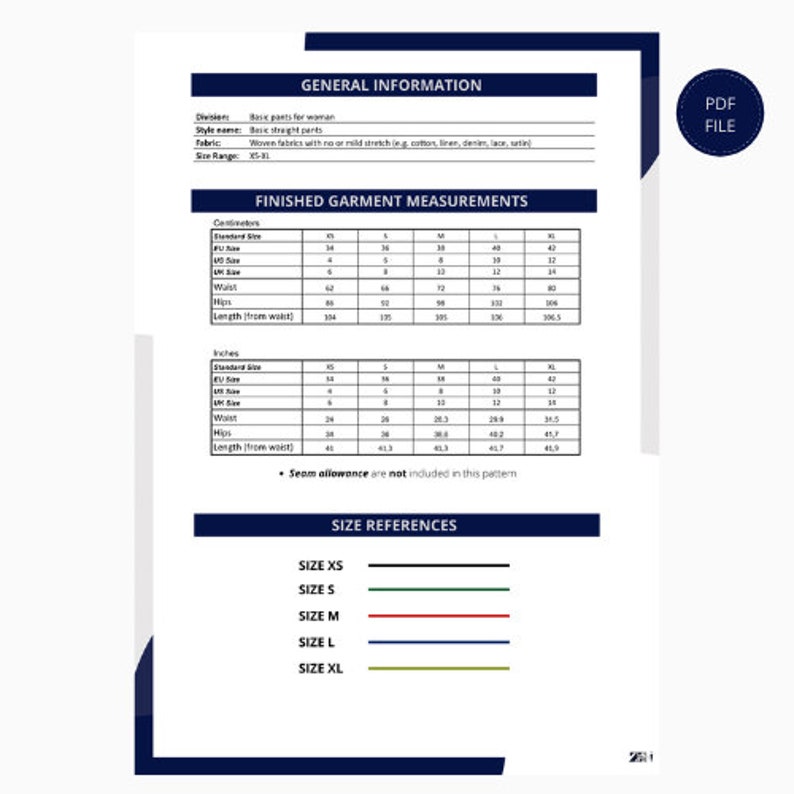 May include: A size chart for pants with measurements in both inches and centimeters. The chart includes sizes XS, S, M, L, and XL. The measurements include waist, hips, and length from waist.