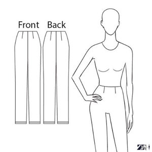 May include: Line drawing of a pair of pants with a front and back view. The pants have a straight leg and a waistband. The drawing is labeled "Front" and "Back".