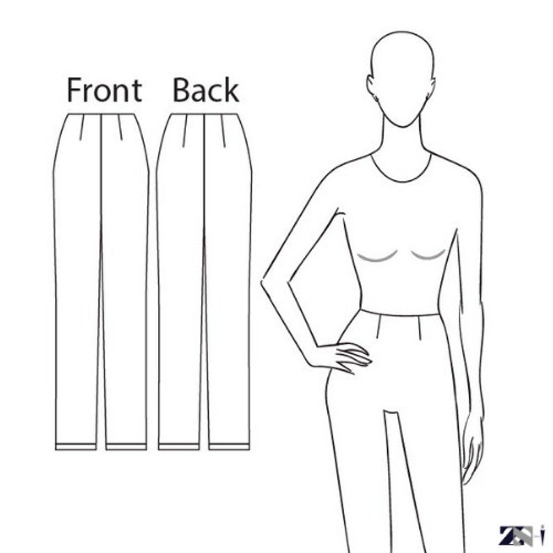 May include: Line drawing of a pair of pants with a front and back view. The pants have a straight leg and a waistband. The drawing is labeled "Front" and "Back".