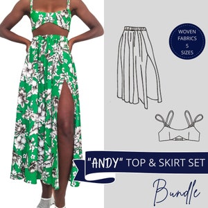 May include: A green and white floral skirt with a side slit and a matching crop top. The skirt and top are part of a sewing pattern called "ANDY" Top & Skirt Set Bundle. The pattern is for woven fabrics and comes in five sizes.
