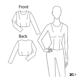 May include: Line drawing of a cropped, long-sleeved top with a round neckline. The drawing shows the front and back views of the top.