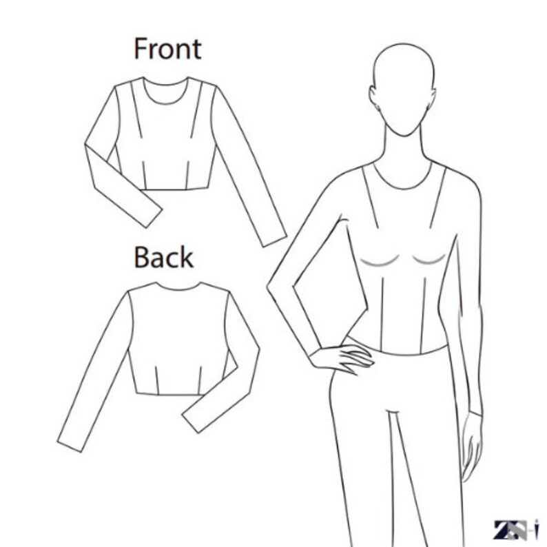 May include: Line drawing of a cropped, long-sleeved top with a round neckline. The drawing shows the front and back views of the top.