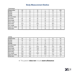 May include: A chart showing body measurements for a bodice in both inches and centimetres. The chart includes measurements for XS, S, M, L, XL, and 2XL sizes. The measurements include shoulder width, bust width, bust height, back length, back width, arm length, upper arm width, and wrist width.