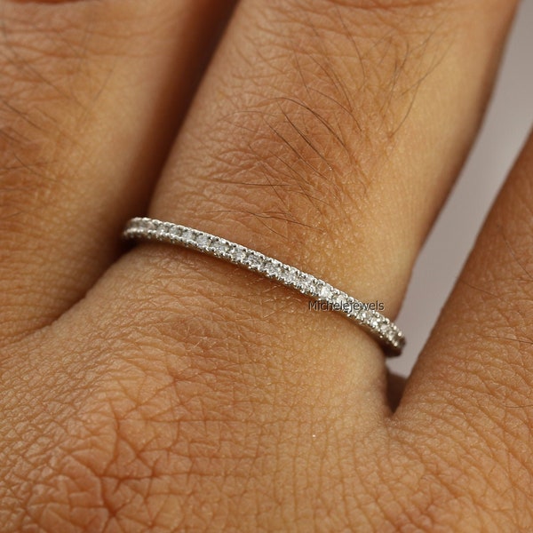 1.00 MM Half Eternity Band, Half Eternity Pave Diamond Wedding Band, Thin Dainty Stacking Band, Delicate Pave Ring, 14K Gold Eternity Band