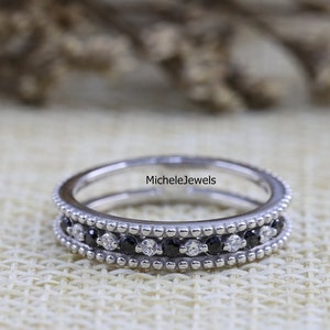 Milgrain Half Eternity Band, Half Eternity Wedding Band, Round Black & White Cut Diamond Engagement Band, Antique Two Band Ring For Women
