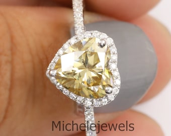 Canary Yellow Heart Shape Moissanite Engagement Ring, Pave Set Wedding Ring, Perfect Ring for Proposal, Halo Ring,Heart Yellow Sapphire Ring