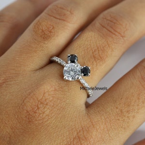 Minimalist Mouse Ring, Mouse Black Ears Fairy Tale Ring, Engagement Promise Wedding Ring, Three Stone Solitaire With Accent Diamond Ring
