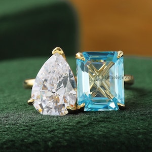 Toi et Moi Ring,  Pear & Aquamarine Emerald Ring, 2 Stone Aquamarine Engagement Ring Emerald Cut Aquamarine Ring 14K Gold Women Wedding Ring