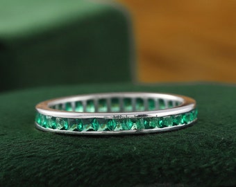 Emerald Band, Full Eternity Channel Set Green Gemstone Matching Engagement Band, Minimalist Band, Princess Diamond Ring, Bridesmaid Gift