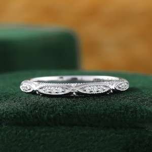 Vintage Art Deco Band, Milgrain Wedding Band, Round Cut Moissanite Band, Antique Matching Band, Moissanite Engagement Band, 10K White Gold
