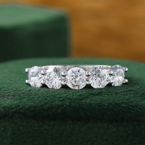 Round Five Stone Ring, Moissanite Engagement Ring, Colorless Round Brilliant Cut Moissanite Wedding Ring, Matching Ring, 14K White Gold Ring