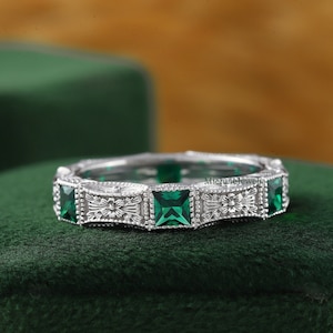 Emerald Wedding Band, Milgrain Full Eternity Band, Art Deco Stacking Wedding Ring, 14K White Gold Milgrain Matching Band, Anniversary Ring
