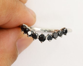 Black Onyx Curved White Gold Band, Vintage Black Diamond Wedding Band Women Ring, Antique Bridal Ring, Unique Curved Wedding Ring