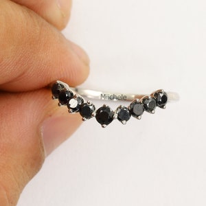 Black Onyx Curved White Gold Band, Vintage Black Diamond Wedding Band Women Ring, Antique Bridal Ring, Unique Curved Wedding Ring