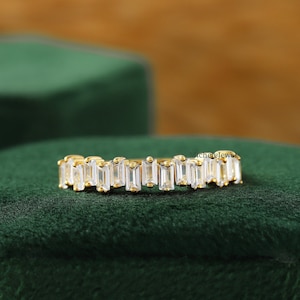 Baguette Cut Moissanite Wedding Ring, Baguette Half Eternity Ring, 14K Gold Stacking Ring, Baguette Diamond Women&#39;s Wedding Anniversary Ring