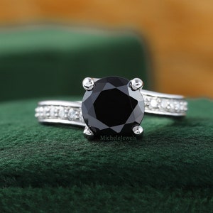 2.00 CT Round Black Moissanite Solitaire Ring, Black Diamond Engagement Ring, Solitaire With Accent Diamond Ring, Solid Gold Ring,Black Ring