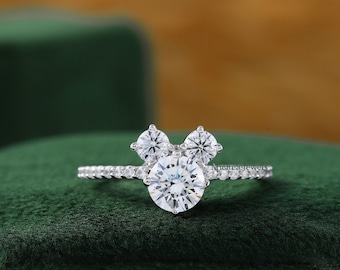 Mouse Ears Fairy Tale Wedding Engagement Promise Wedding Ring Mickey Nerdy Geeky Cosplay Wish Upon A Star, Round Solitaire With Accents Ring