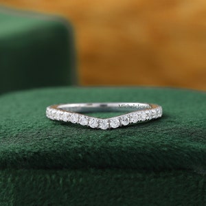 Curved Wedding Band, Chevron Engagement Band, Round Moissanite Curved Band, Soft Curve Thin Dainty Stackable Ring, Minimalist Contour Ring