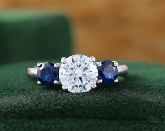 Three Stone Engagement Ring, 1 Ct Round Cut Diamond & Blue Sapphire Ring, Round Three Stone Ring, Wedding Anniversary Ring, 14K Gold Ring