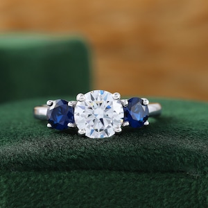 Three Stone Engagement Ring, 1 Ct Round Cut Diamond & Blue Sapphire Ring, Round Three Stone Ring, Wedding Anniversary Ring, 14K Gold Ring