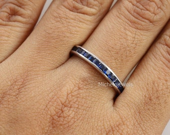 Vintage 14k White Gold Sapphire Full Eternity Wedding Band, Vintage inspired Blue Sapphire Full Eternity Band, Channel Set Matching Band