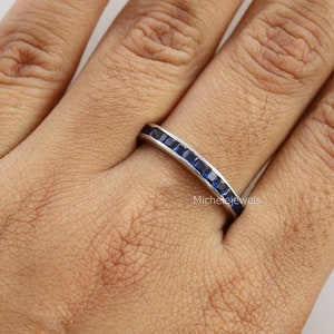 Vintage 14k White Gold Sapphire Full Eternity Wedding Band, Vintage inspired Blue Sapphire Full Eternity Band, Channel Set Matching Band