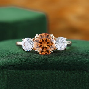 Champagner Diamant Ring, Runde Champagner Drei-Stein-Ring, Diamant Hochzeit Verlobungsring, 14K Gelbgold Ringe, Versprechen Ring