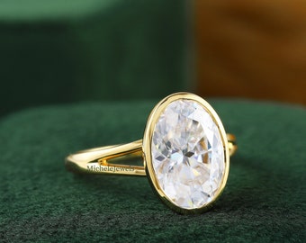 Ovaal geslepen Moissanite diamantring set trouwring, 14K geelgouden solitaire ovale ring, ovale ring met gespleten schacht, unieke jubileumring