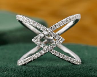 Criss Cross Band Ring, Intertwined Crossover Ring, X Statement Ring, X Cross Ring, 0.50 Round Cut Moissanite Engagement Ring, Stacking Ring