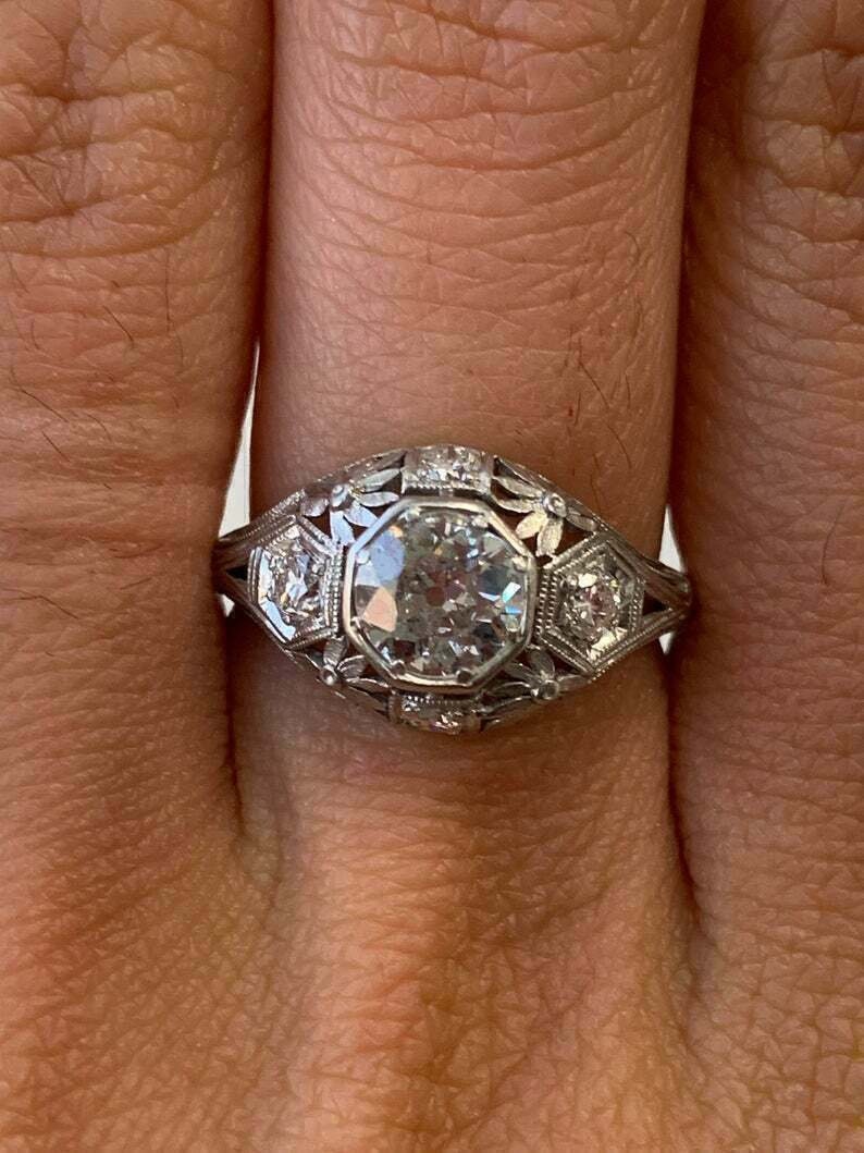 Art Deco Engagement Ring Round Diamond Engagement Ring CZ - Etsy