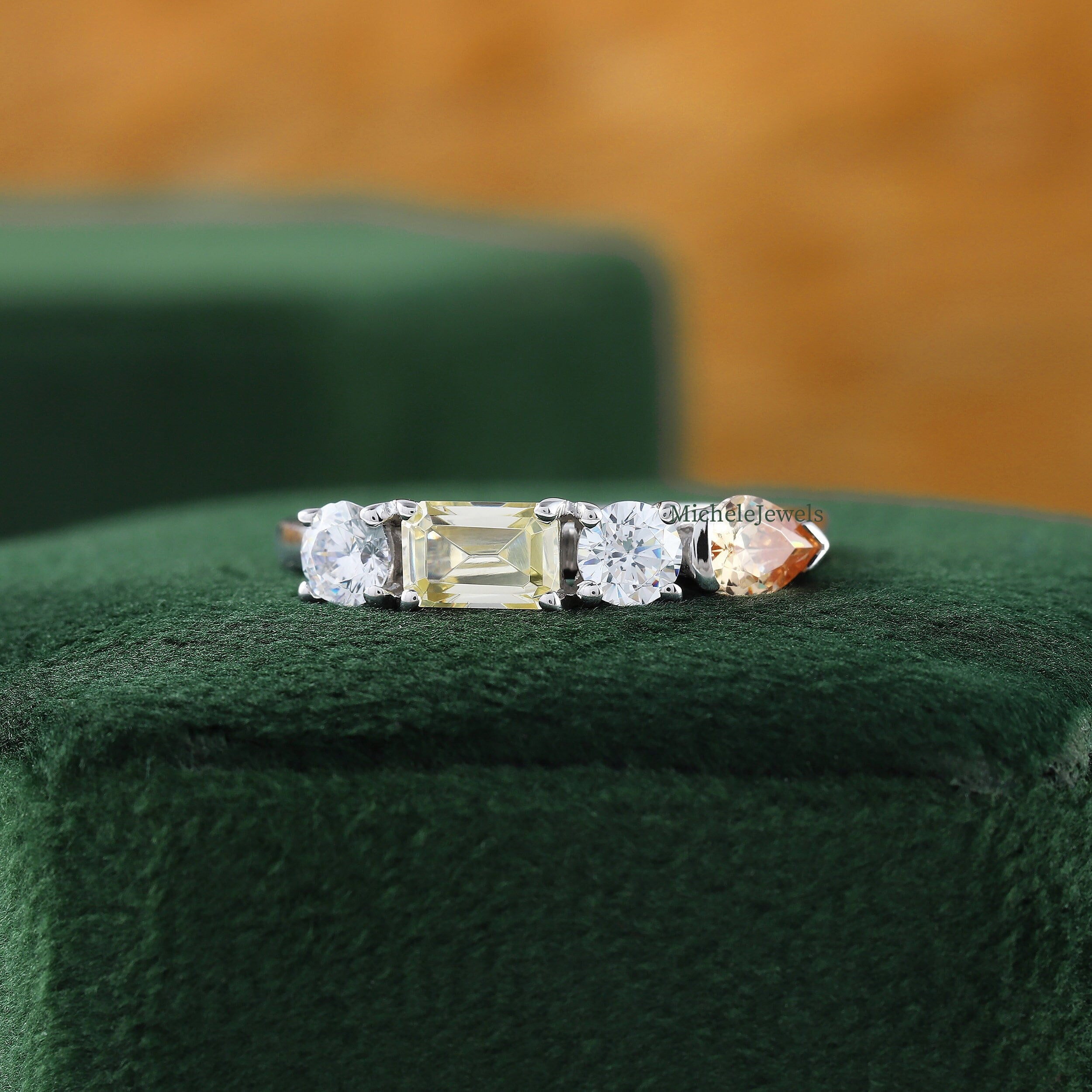 Canary Yellow Emerald Cut Ring, Four Stone Ring, Round Cut Diamond