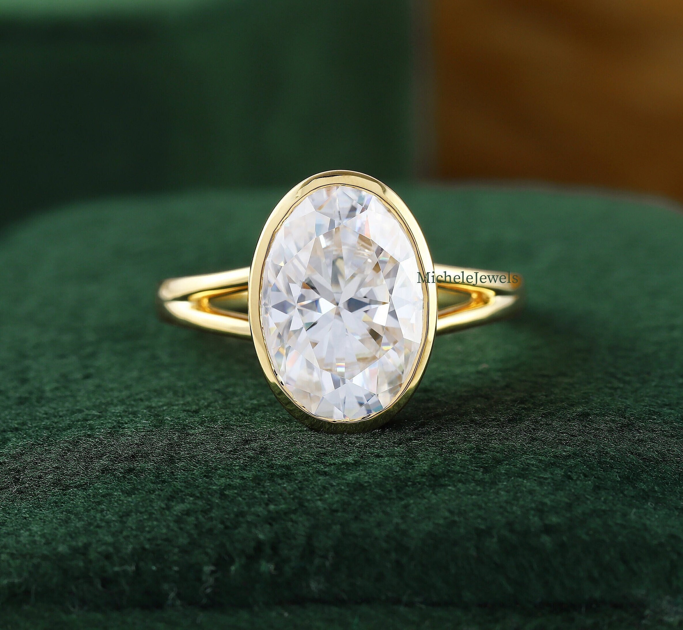 Oval Cut Moissanite Diamond Bezel Set Wedding Ring, 14K Yellow Gold ...