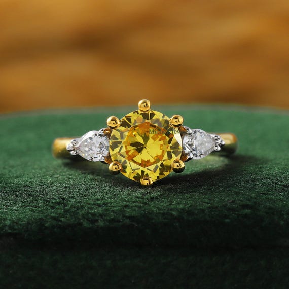Three Stone Ring, Canary Yellow Diamond Ring, Trilogy Round Cut