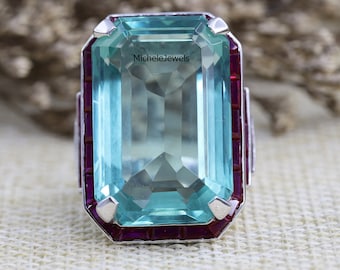 Art Deco Aquamarine Ring, Ruby Halo, Sterling Silver Filigree