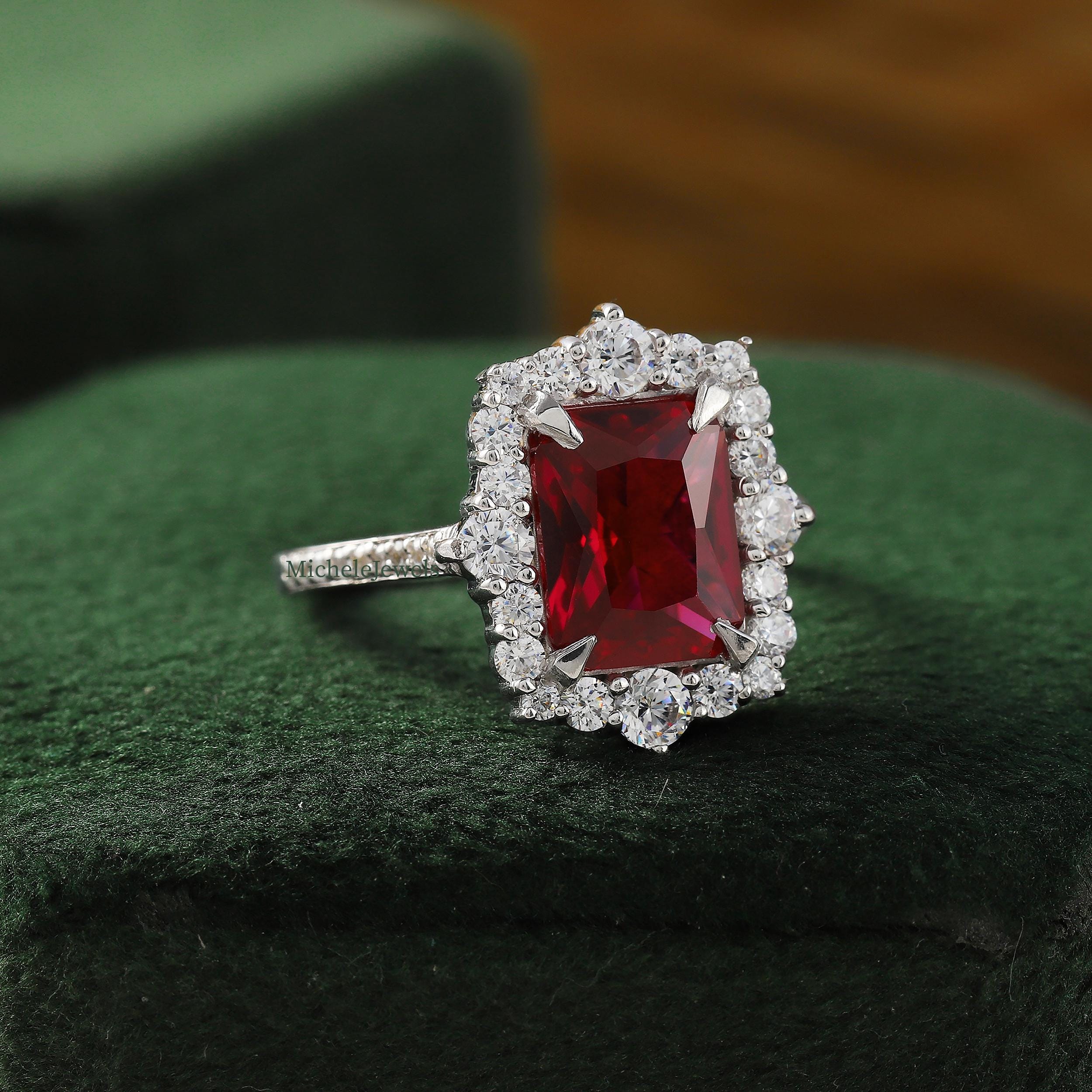 Emraed Red Emerald Red Ruby Gemstone Ring, Vintage Halo Ring, Emerald Halo Wedding ...